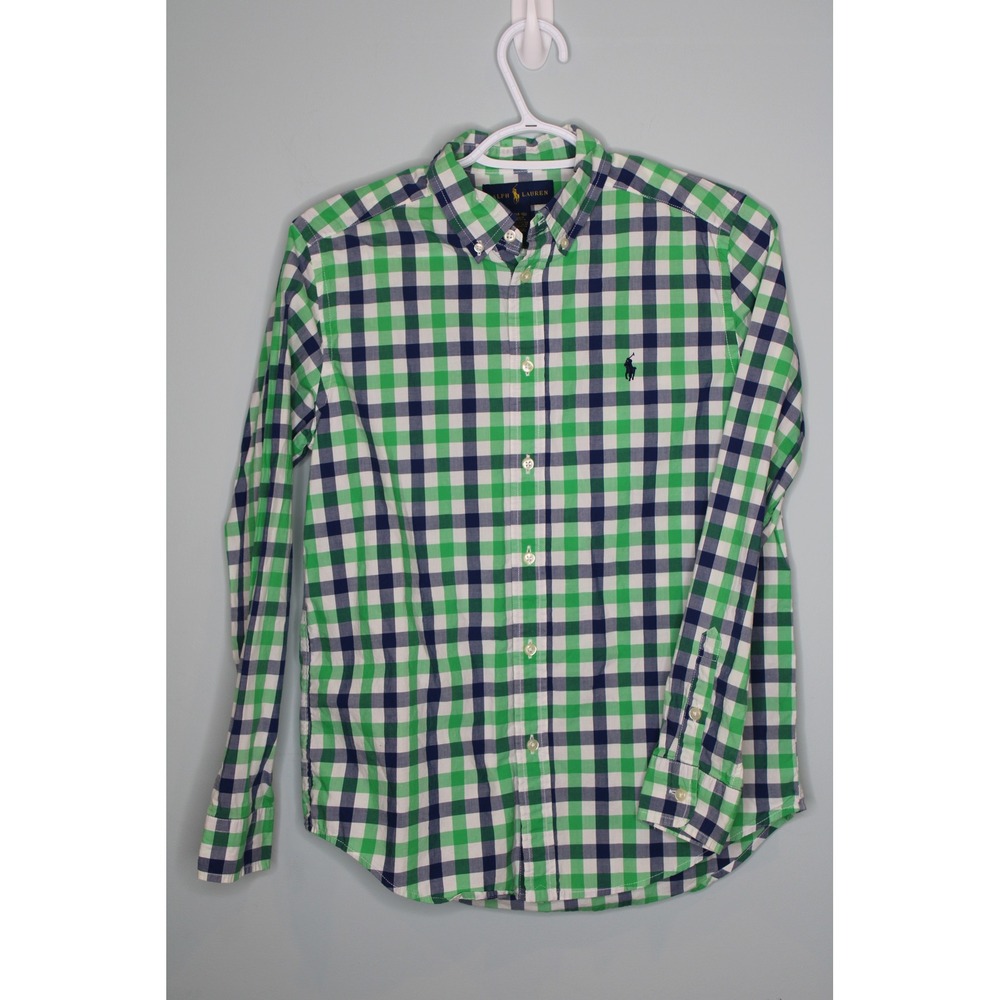 Ralph Lauren Boys‎ Gingham Button Down Shirt Green Navy Blue Size L 14-16 Cotton